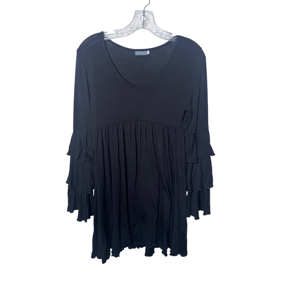 Earthbound Trading Co Womens Small Black Ruffle Bell Sleeve Babydoll Tunic‎ Top